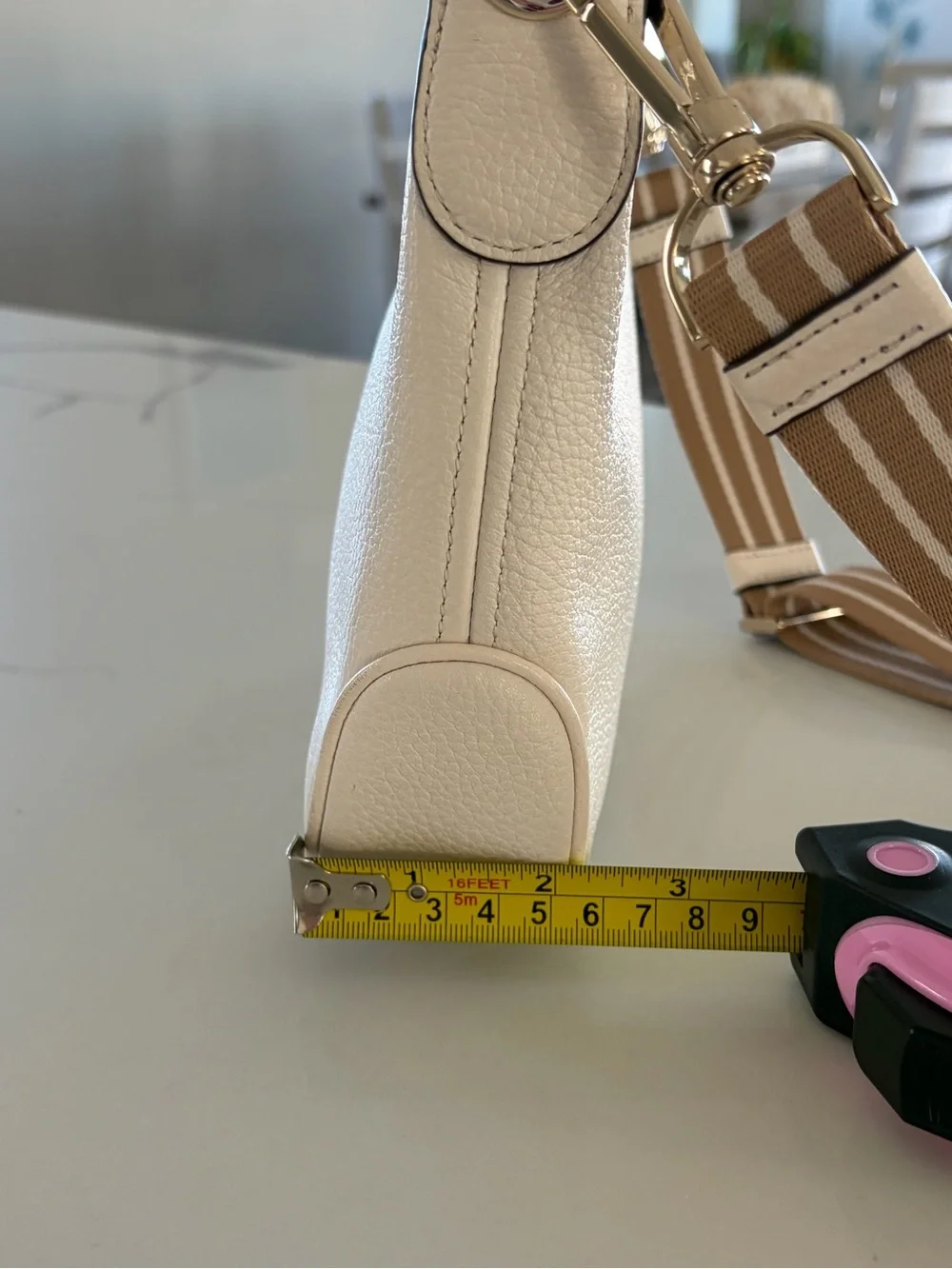 Kate Spade Ivory White Pebbled Leather Crossbody with Tan Striped Strap Like New